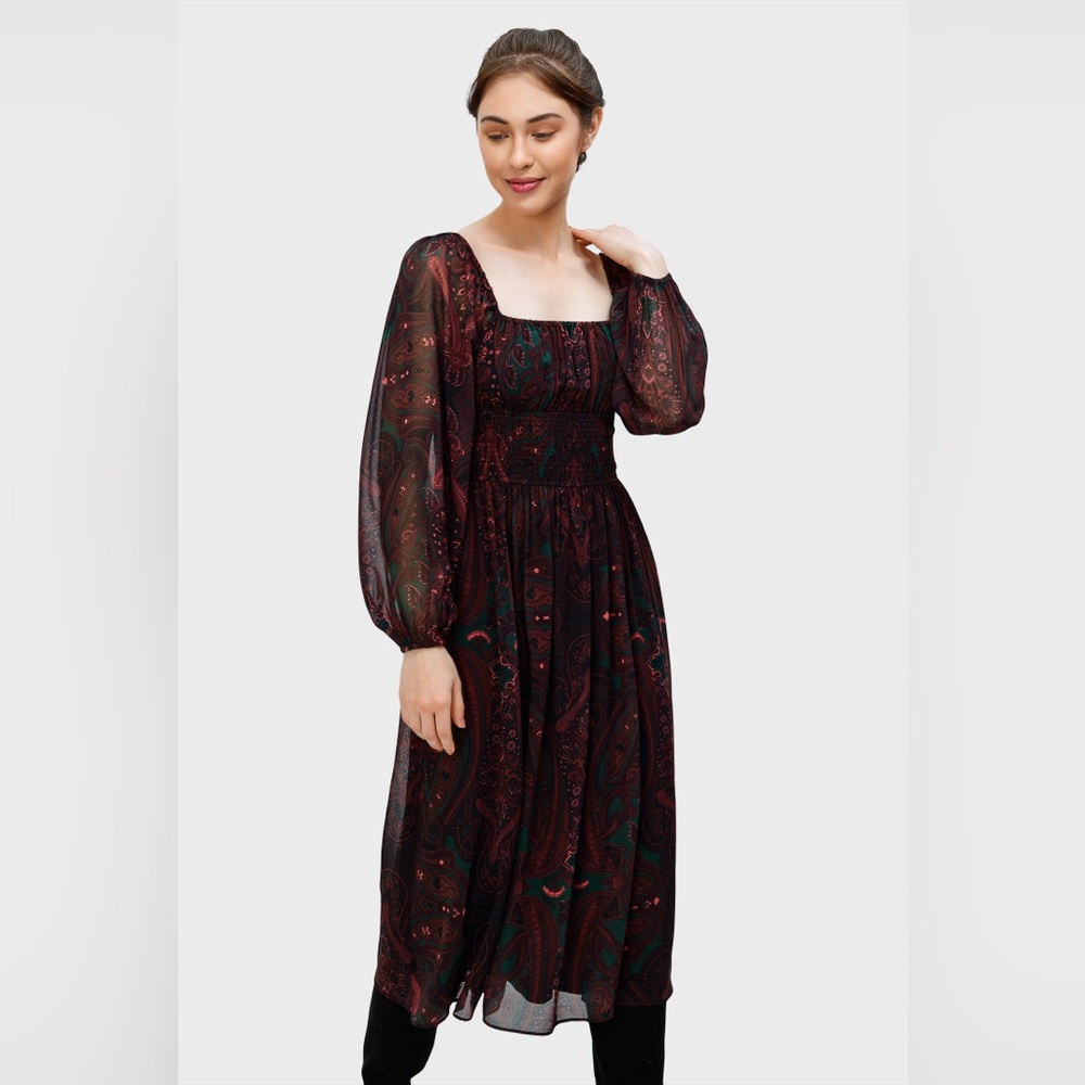 Eshakti Wayward Fancies Paisley Scarf Print Georgette Smocked Babydoll Dress Med